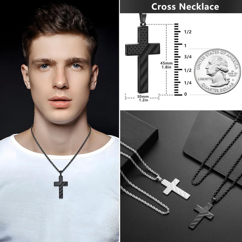 ROMASS 2Pcs Cross Necklace for Men Boys, Bible Verse Christmas Gifts Stainless Steel Silver Black American Flag Chains for Men Pendant Jewelry Box - Image 5
